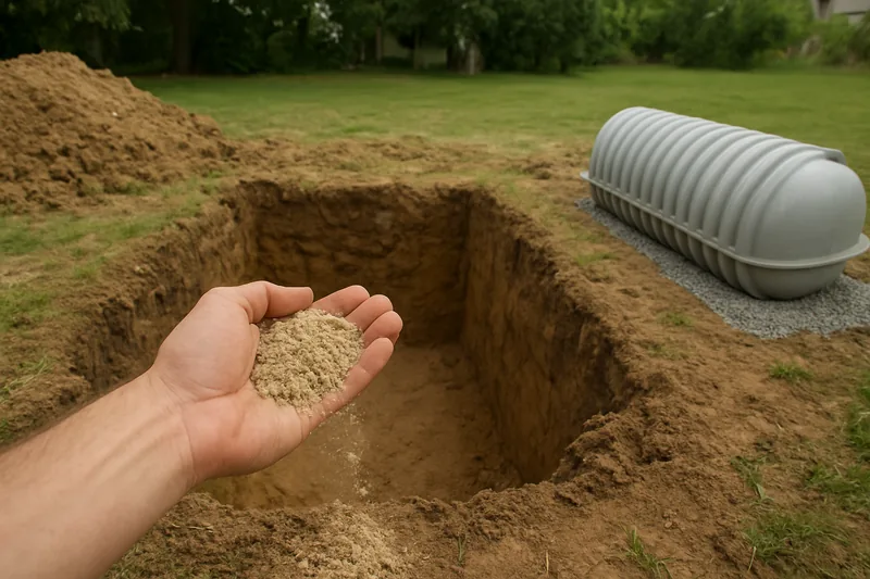 A hand holding a handful of pale sandy soil over a test hole — choosing a septic system, Busselton. Illustrative example.