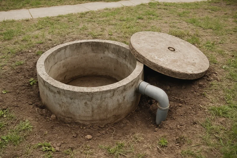 An old concrete tank with its lid lifted aside, dry inside — connecting to sewer and decommissioning, Busselton. Illustrative example.