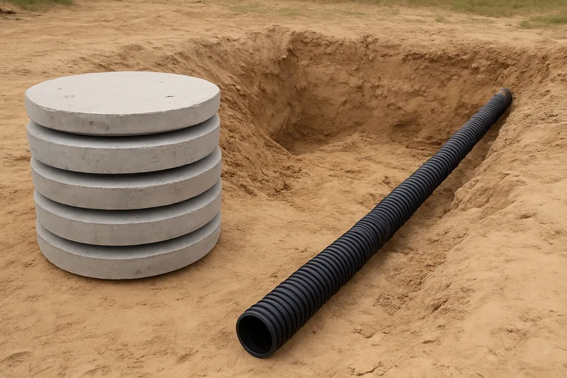A stack of precast concrete tank lids and a length of black corrugated pipe beside an open excavation in pale sandy soil — septic approval, Busselton. Illustrative example.