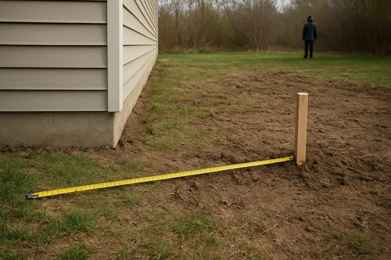 A tape measure laid from a house corner across the ground to a marker peg — septic tank position, Busselton. Illustrative example.