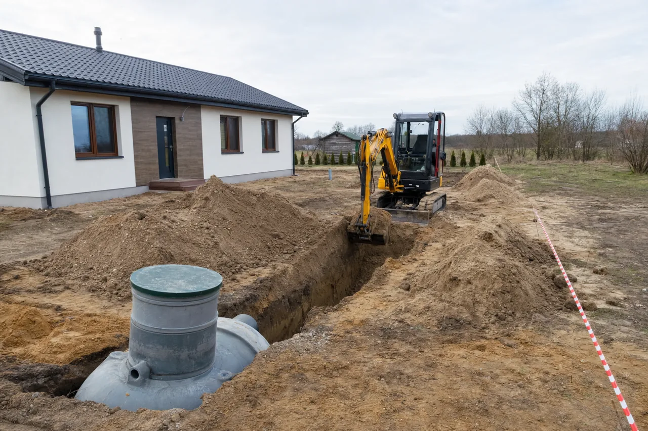 A small excavator digging a trench in sandy soil beside a single-storey house — septic tank installation, Busselton. Illustrative example.