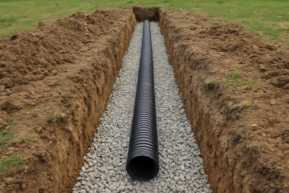 A shallow trench lined with gravel and a perforated pipe — choosing a septic system, Busselton. Illustrative example.