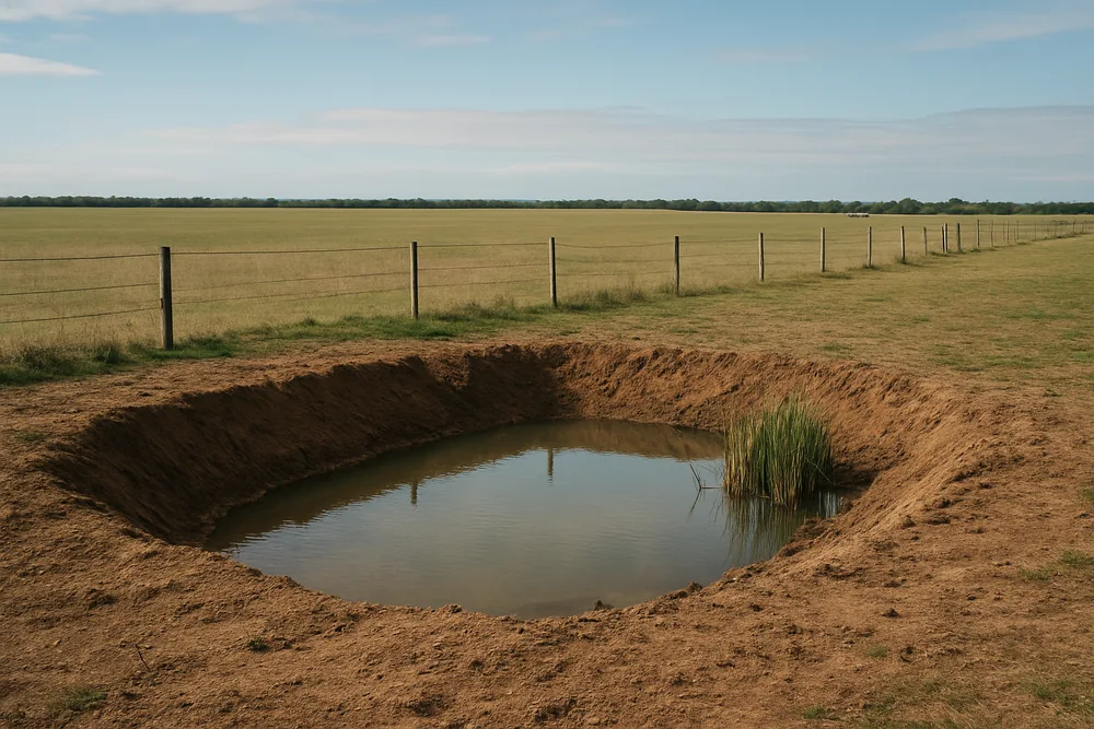 A tank pit in flat low ground at the edge of a paddock with water pooled at the bottom — choosing a septic system, Busselton. Illustrative example.