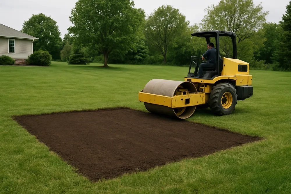 A level patch of clean fill with a compactor on a lawn where a tank was — connecting to sewer and decommissioning, Busselton. Illustrative example.