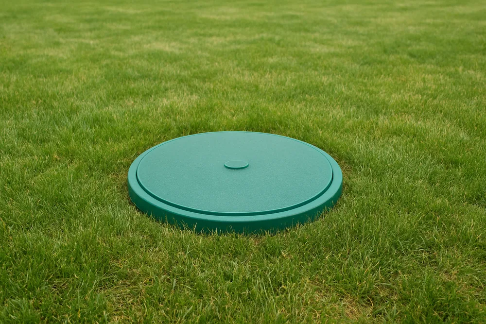 A finished tank lid and inspection riser set flush in a lawn — septic approval, Busselton. Illustrative example.