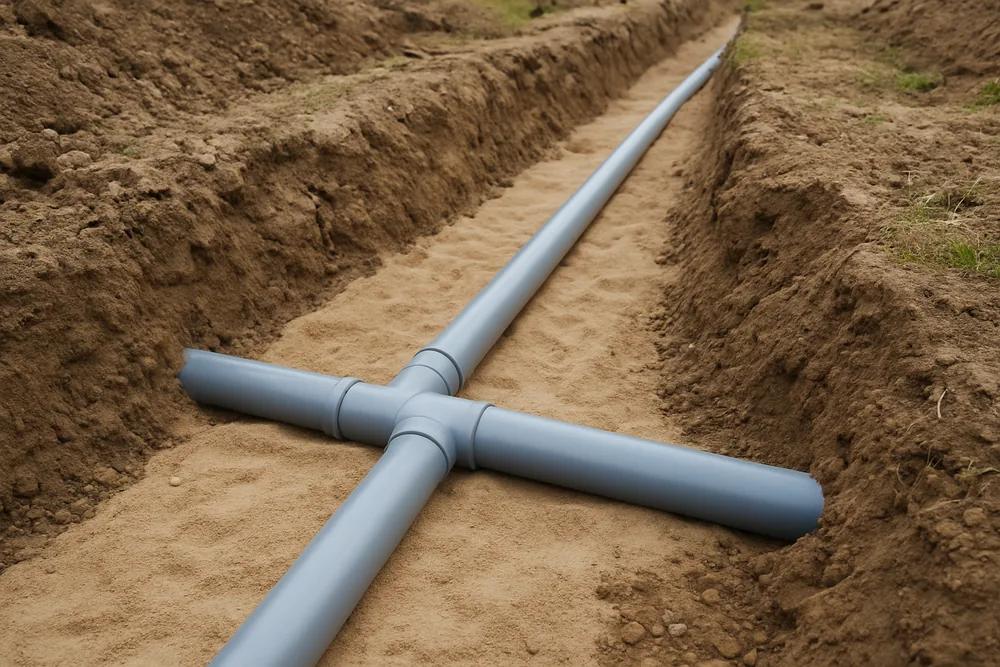 Grey drainage pipe joins laid in a trench with fine sand bedding — septic plumbing and certificates, Busselton. Illustrative example.