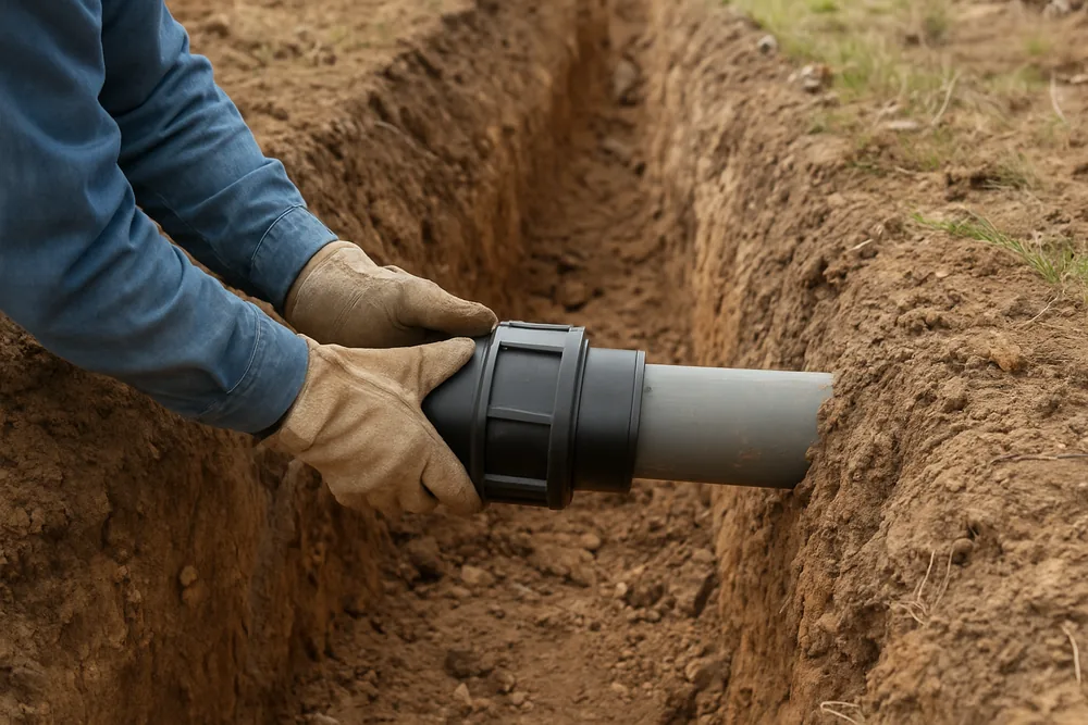 Gloved hands fitting a pipe coupling at the edge of a trench — septic plumbing and certificates, Busselton. Illustrative example.