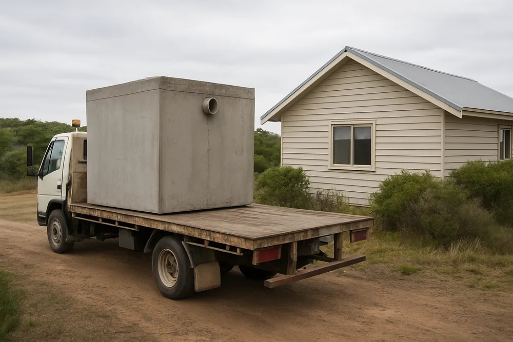 A precast concrete tank on a flat-bed truck beside a low weatherboard house set among coastal scrub — septic tank installation, Busselton. Illustrative example.