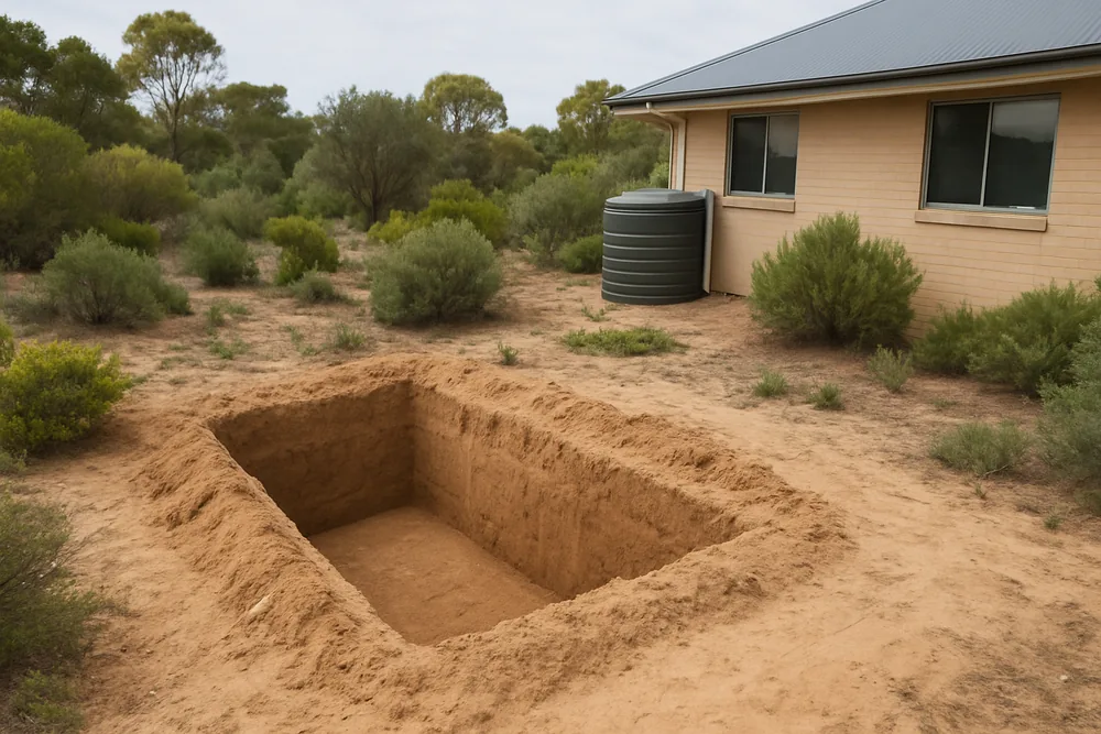 A rectangular tank pit dug in sandy soil beside a low single-storey house with native shrubs — septic tank installation, Busselton. Illustrative example.