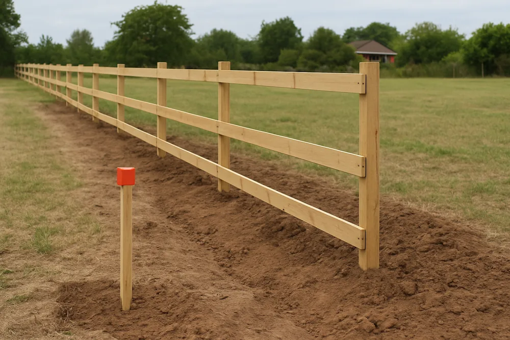 A boundary fence with a survey peg and a cleared strip beside it — septic tank position, Busselton. Illustrative example.