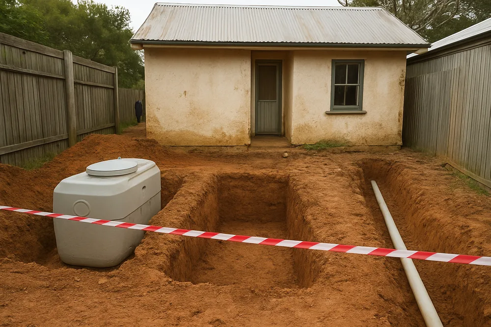 A tank pit and short pipe trench between a small cottage and a side fence with a tape across the gap — septic tank position, Busselton. Illustrative example.